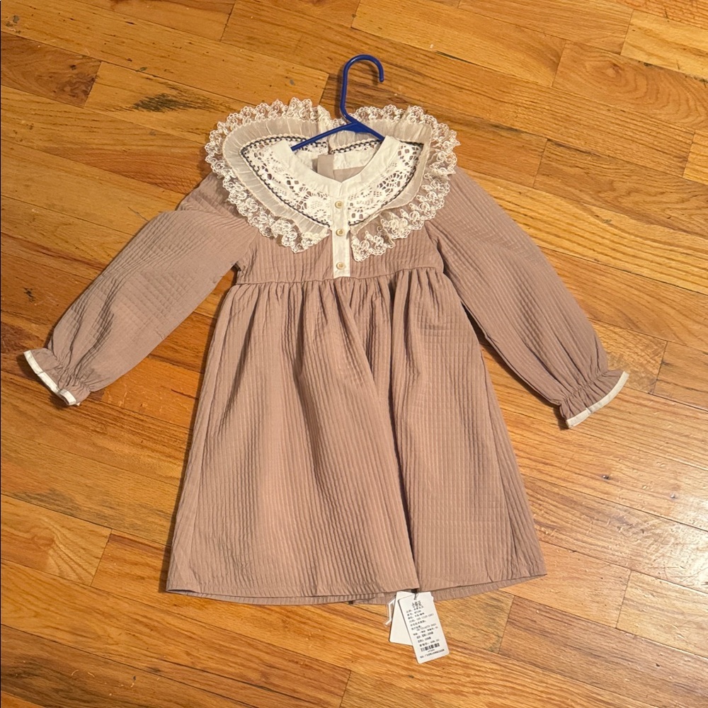 Elegant Lace Collar Kids Dress in Brown